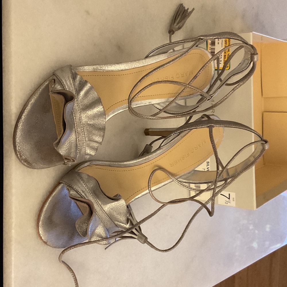 Marc Fisher Metallic Silver Ruffle Lace-Up Stiletto Sandals